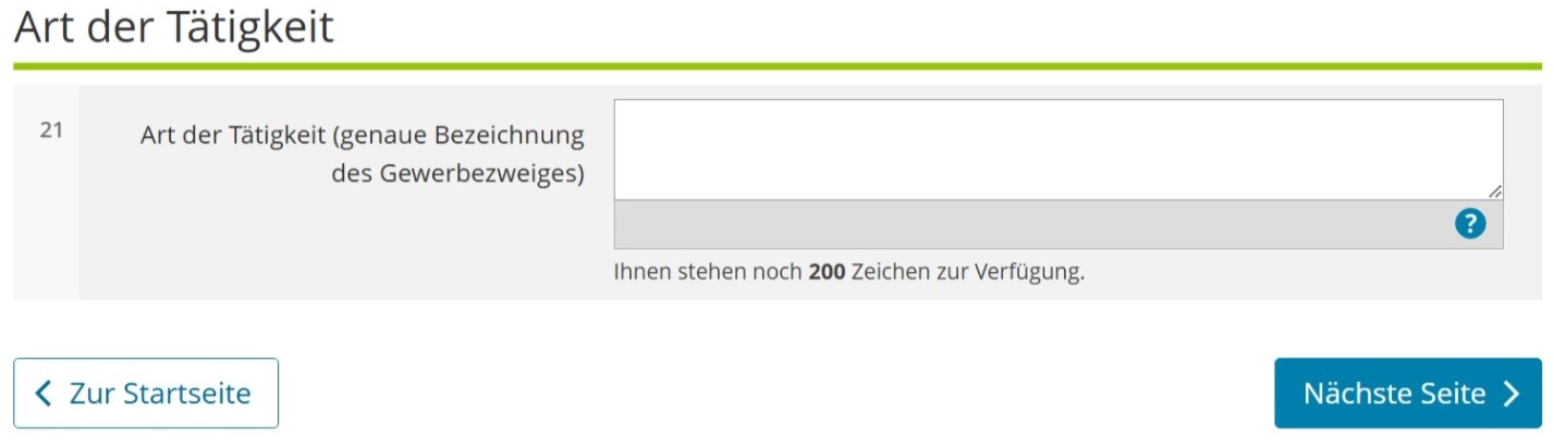 Tätigkeitsfeld im Fragebogen zur steuerlichen Erfassung