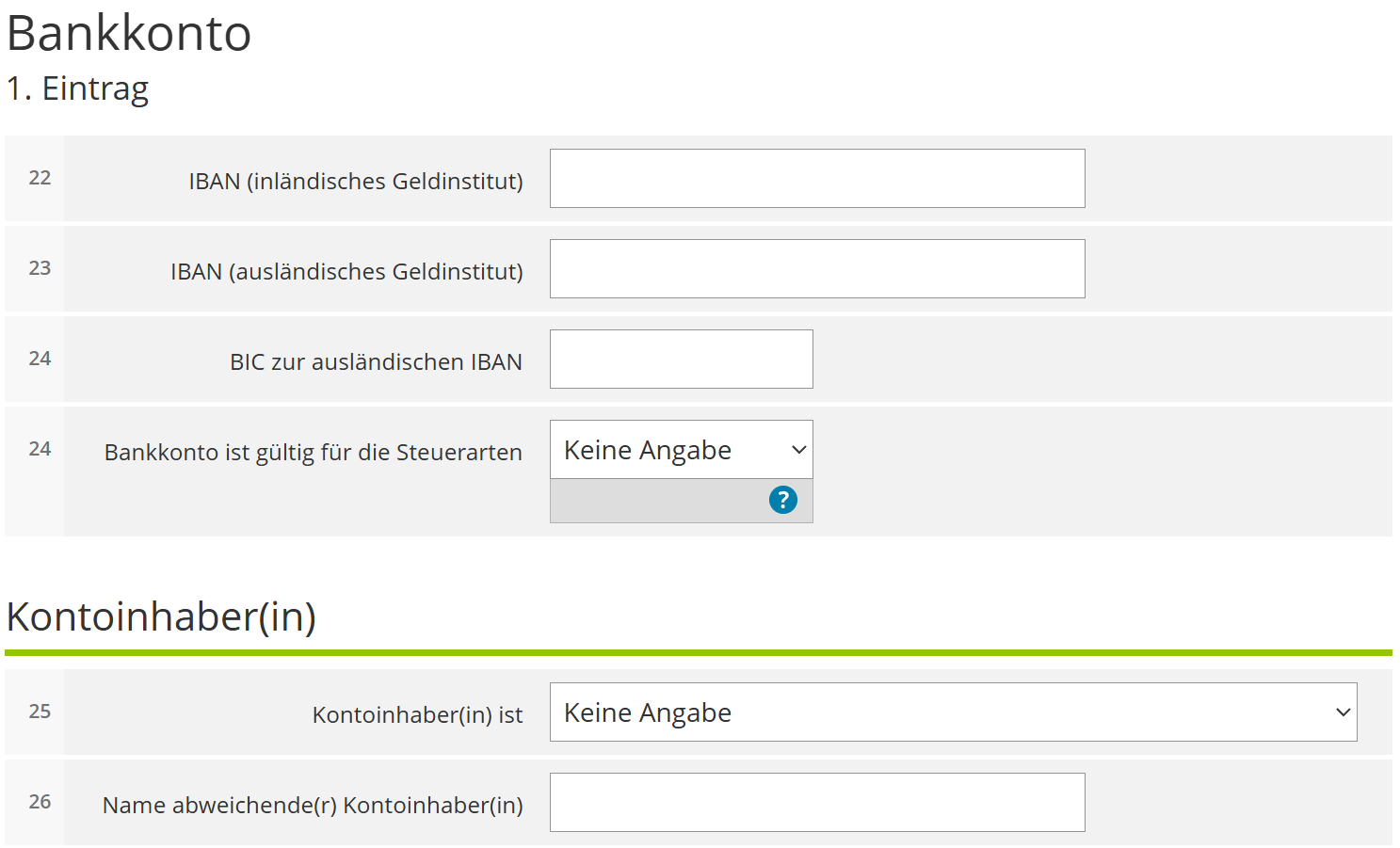 Kontodaten im Fragebogen zur steuerlichen Erfassung