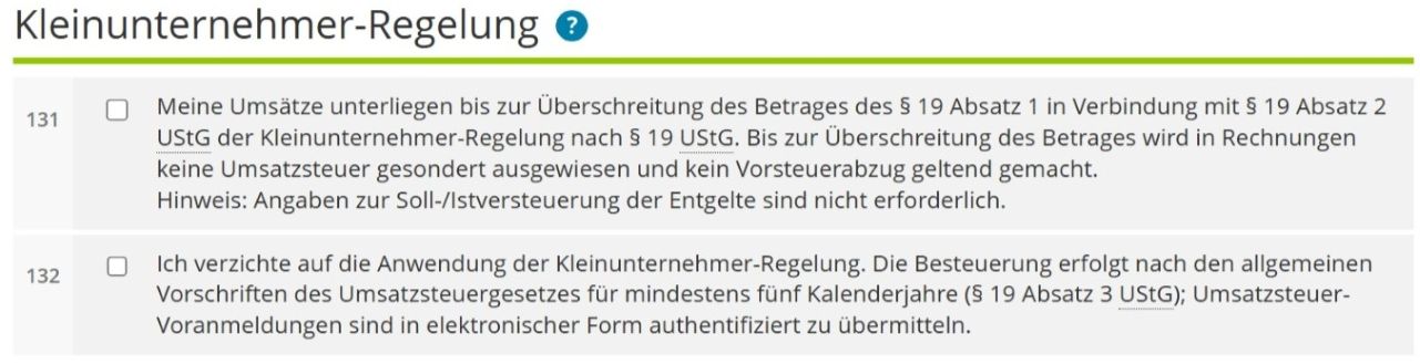Kleinunternehmerregelung im Fragebogen zur steuerlichen Erfassung