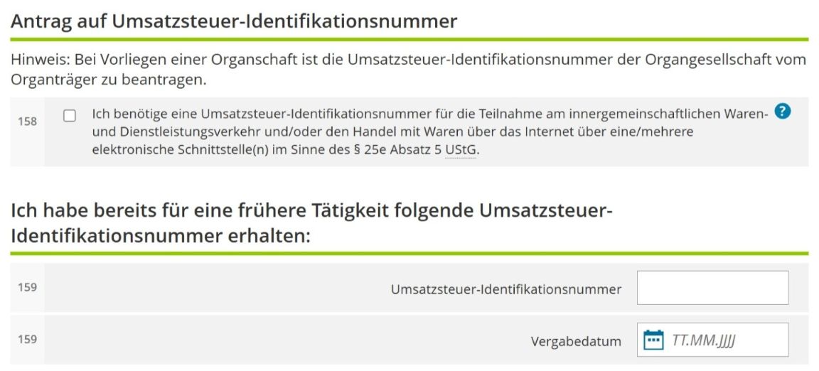 Umsatzsteuer-Identifikationsnummer im Fragebogen zur steuerlichen Erfassung