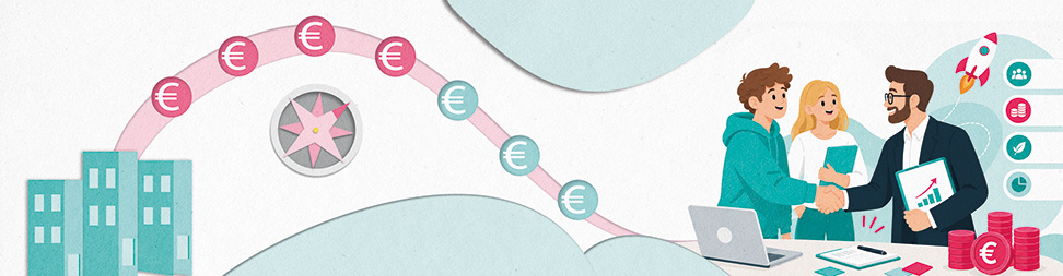 Illustration zur Eigenkapitalfinanzierung für Startups: Ein Gründerteam trifft einen Investor, während eine Kurve mit Euro-Symbolen den Finanzierungs- und Wachstumspfad darstellt.