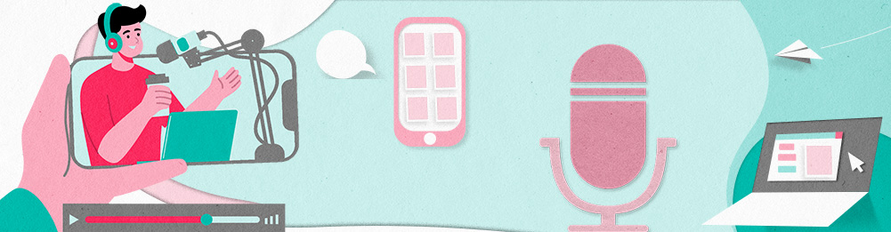 Illustration einer Person beim Podcast aufnehmen mit Mikrofon und Laptop.