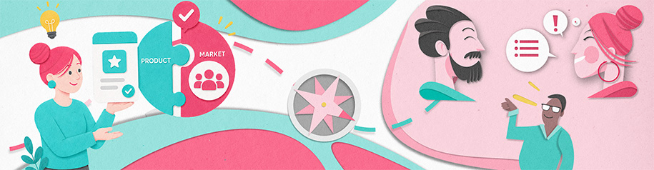 Illustration zum Product-Market-Fit mit Symbolen für Produkt, Markt und Zielgruppe.