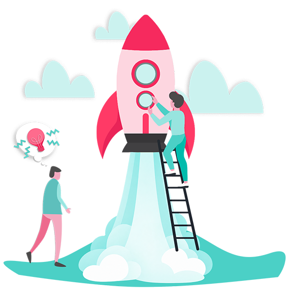 Illustration einer Person auf einer Leiter, die an einer Rakete arbeitet, während eine andere Person mit einer Ideen-Glühbirne vorbeigeht.