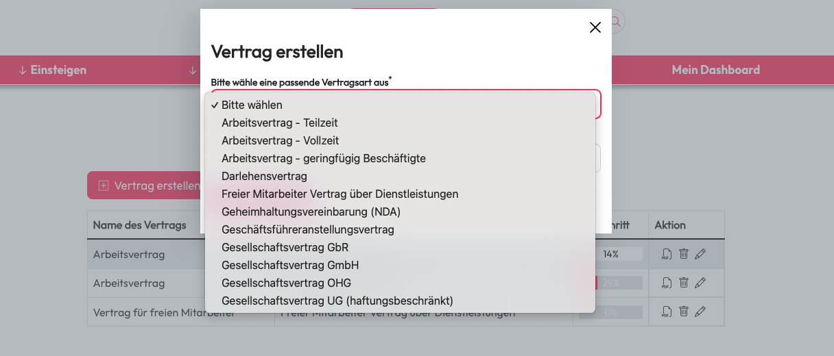 Überblick des Vertragsgenerator