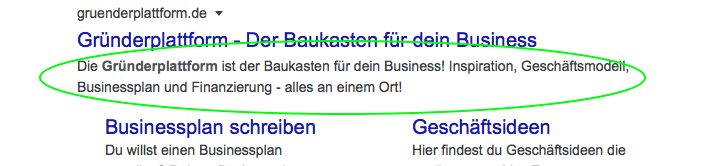 Meta Description der Gründerplattform auf google.de