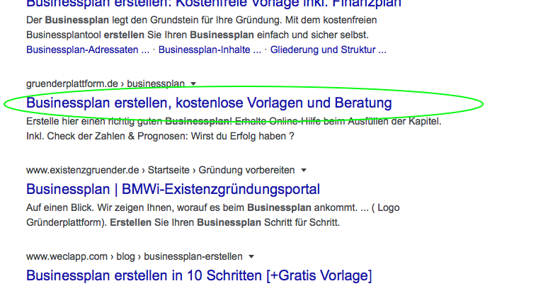Meta Title der Gründerplattform auf google.de