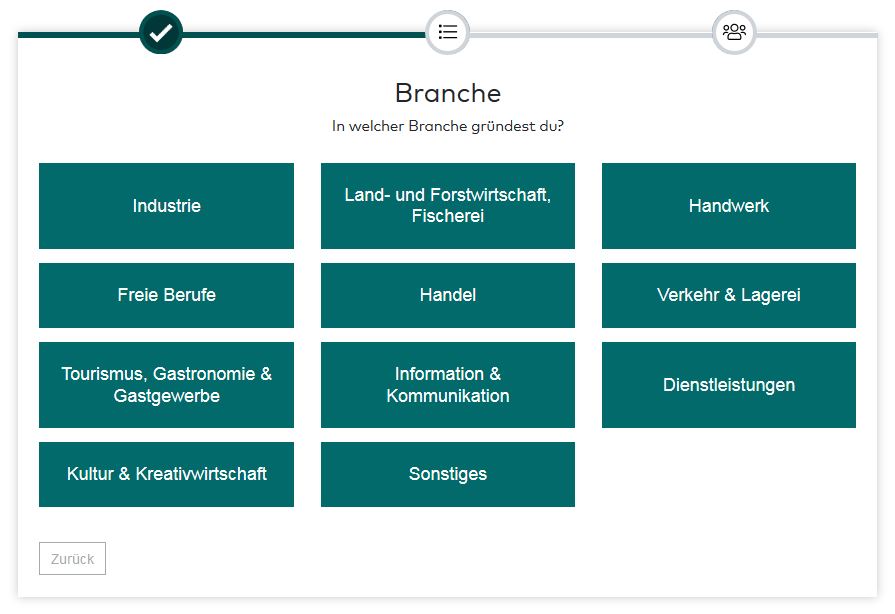 Screenshot der Branchenauswahl in der Start-Anleitung