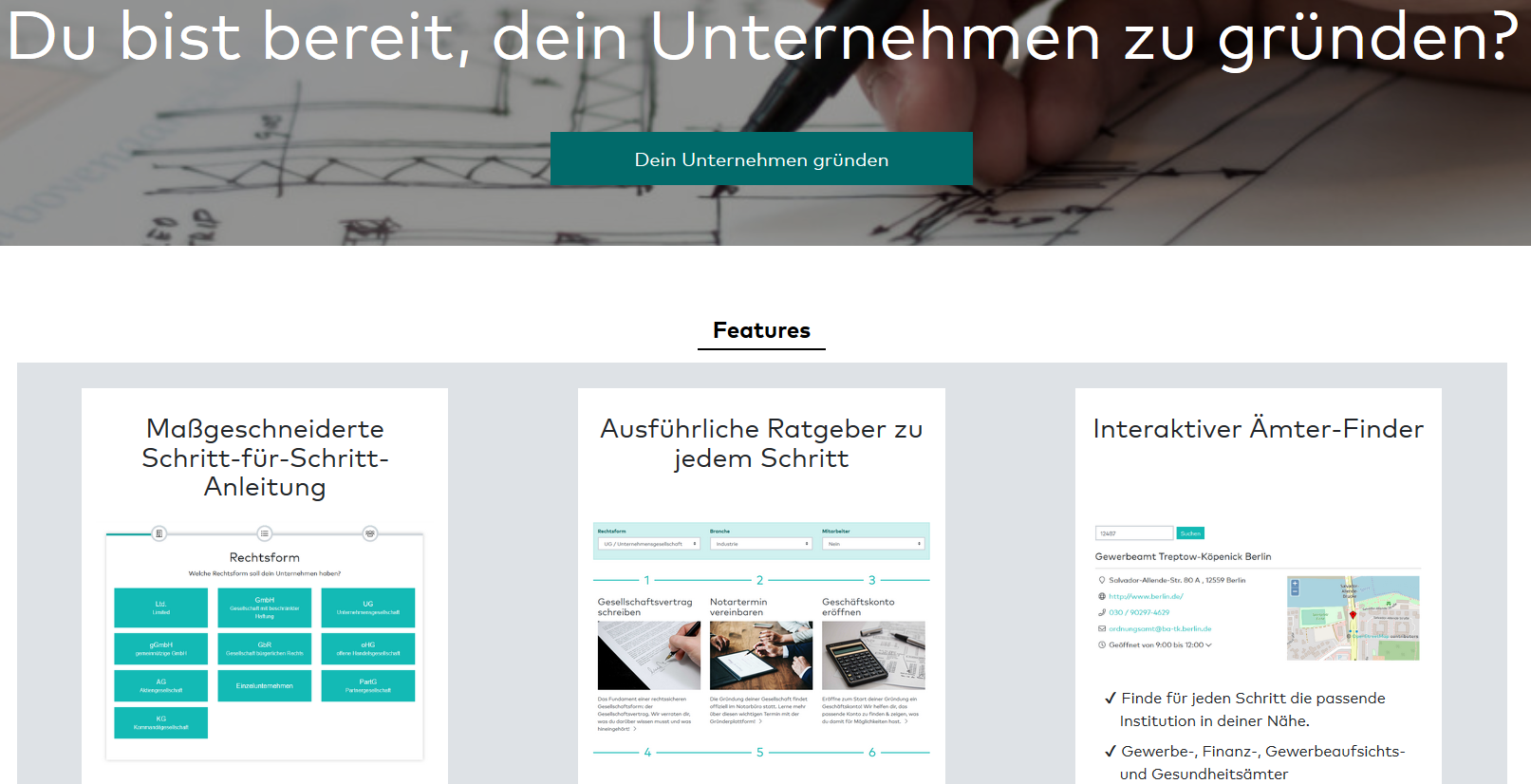 Screenshot Einstieg Bereich Gründung