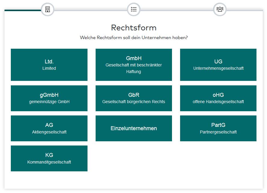 Screenshot der Auswahl der Rechtsformen für die Start-Anleitung