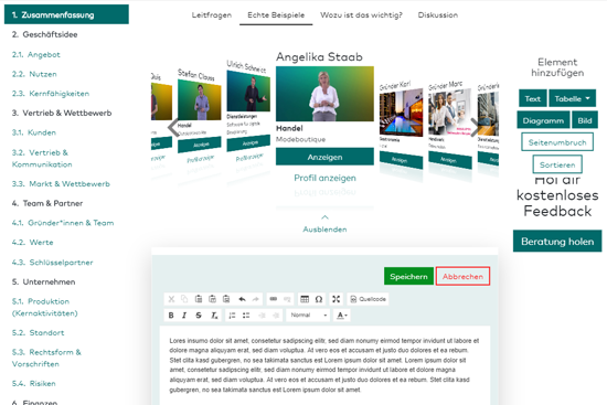 Screenshot des Gründerplattform-Tools