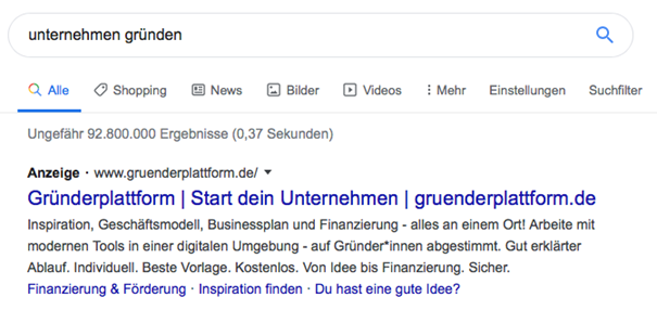 Google.de Anzeige der Gründerplattform